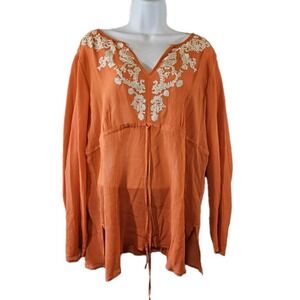I.E. Blouse Womens XL Orange 100% Silk Embroidered Boho Long Sleeve Tunic Sheer